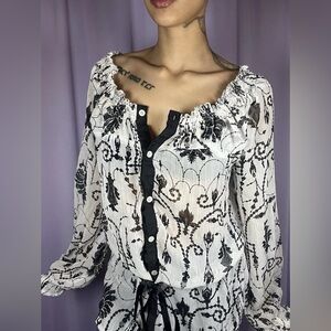 Black & White Button Up Chandelier Blouse Size XL Sheer Ruffle Frilly Preppy Tie